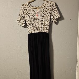 7th Ray Leopard Print and Black Midi Dress